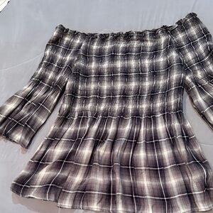 Off-Shoulder Plaid Peasant Top in Black Gray and White